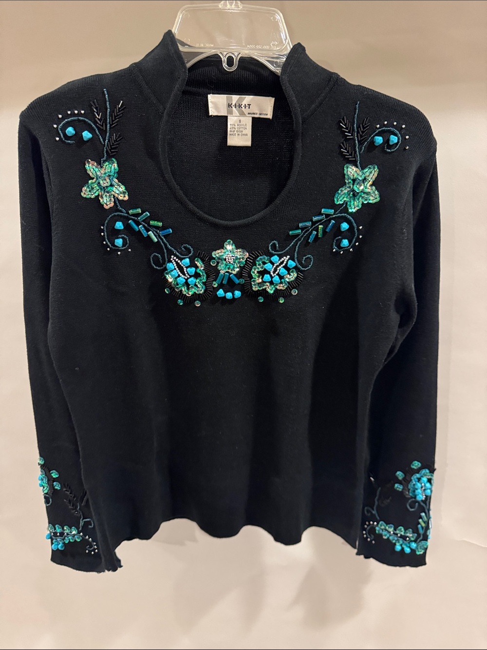 KIKI·K Black Embellished Floral Sweater Top with Beads and Sequins